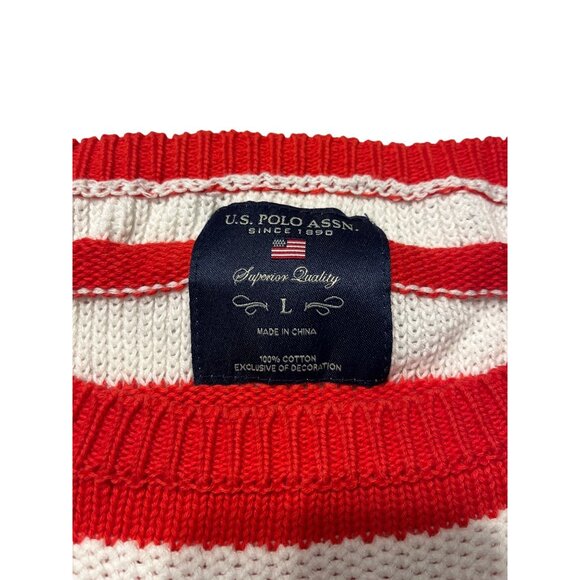 U.S. Polo Assn. Red & White Striped 100% Cotton Sweater Womens Size L Crew Neck - Picture 2 of 4